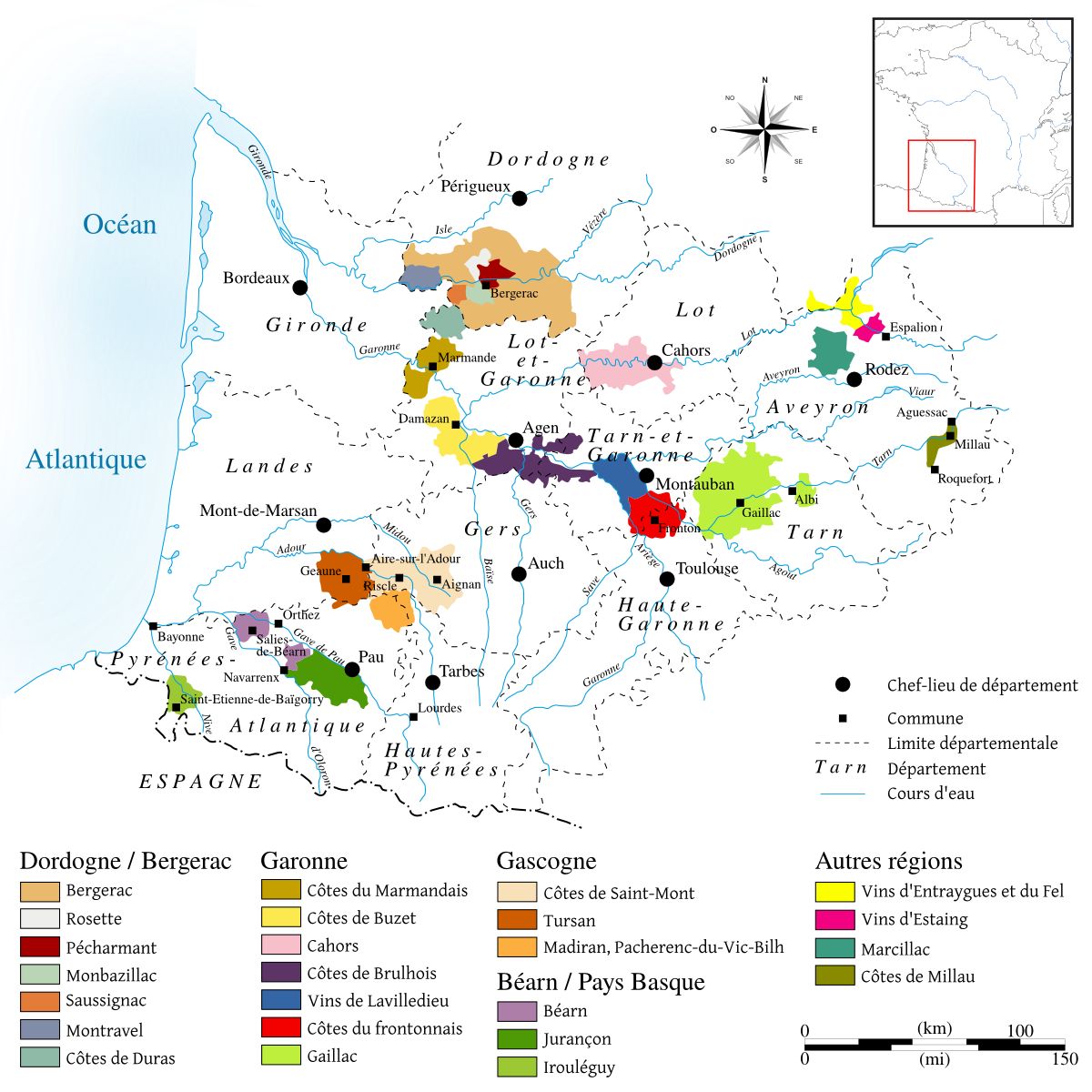 Karte von Südwest-Frankreich mit allen Weinbaubereichen bzw. Appellationen