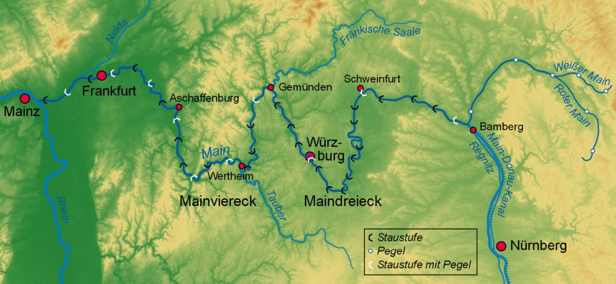 Main - Flussverlauf mit Maindreieck und Mainviereck