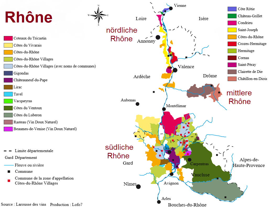 Rhône - Landkarte mit allen Appellationen