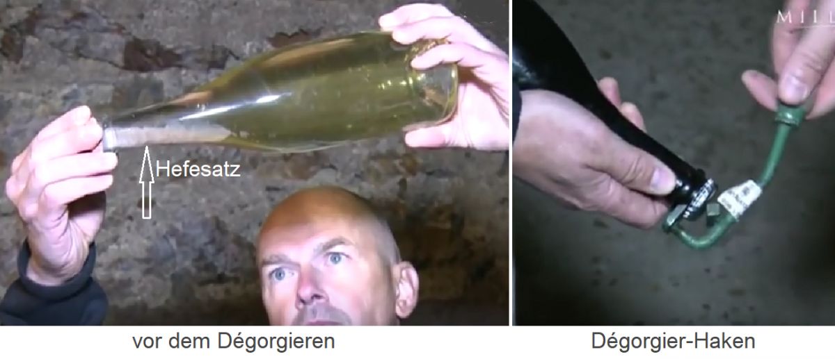 Dégorgement - Flasche mit Hefesatz und Dégorgierhaken