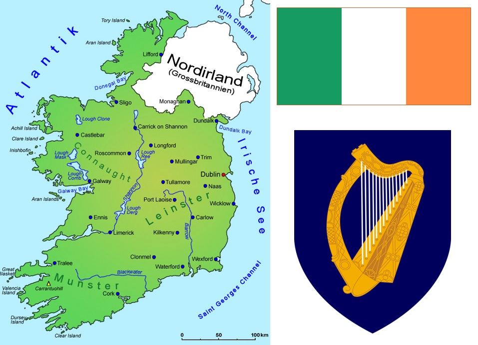 Irland - Landkarte, Flagge und Wappen