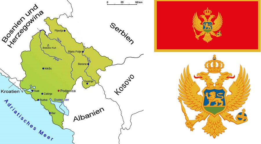 Montenegro - Landkarte, Flagge und Wappen