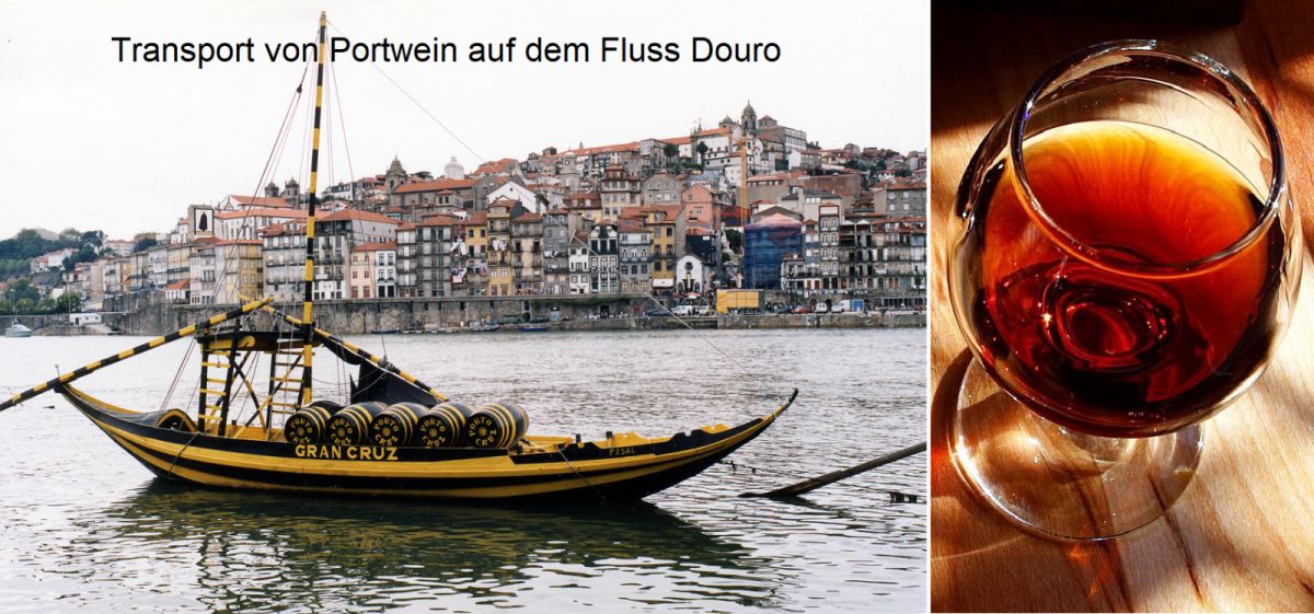 Portugal - Transport von Portwein auf dem Rio Douro und Portweinglas