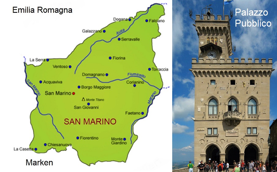 San Marino - Landkarte und Palazzo Pubblico (Regierungssitz)